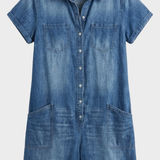 Damen Kurzarm Overall | Knopfleiste