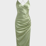 Damen Satin Maxikleid mit Wickeloptik und Schlitz