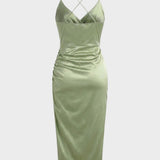 Damen Satin Maxikleid mit Wickeloptik und Schlitz