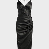 Damen Satin Maxikleid mit Wickeloptik und Schlitz