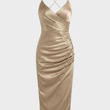 Damen Satin Maxikleid mit Wickeloptik und Schlitz