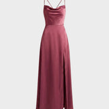 Damen Satin Abendkleid | Schlitz