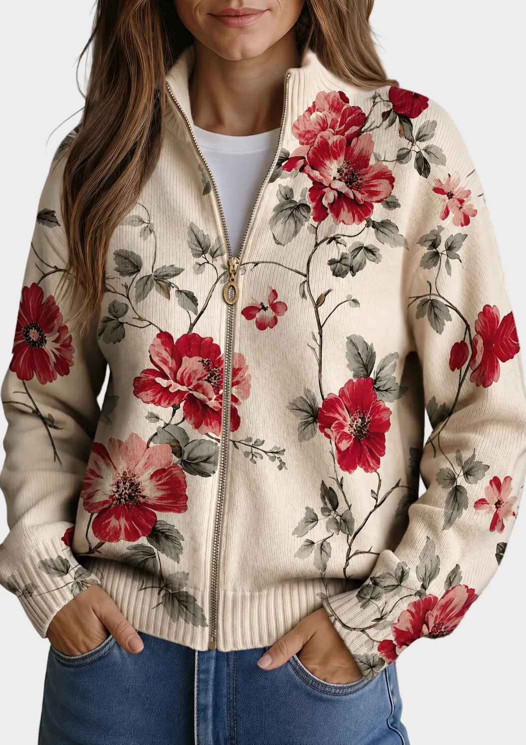 Wilhelmine - Vetoketjullinen vintage-neuletakki ruusukuosilla