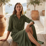 Damen Hemdblusenkleid | Maxi Leinen