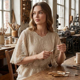 Damen Bluse mit Stickdetails | Rundhalsausschnitt & Volantärmel