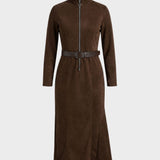 Damen Langes Kleid mit Gürtel | Frontzipper & Hoher Schlitz