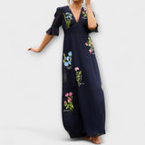 Beatrice - Elegantit sinisenvihreät kukka-kirjailtu mekko