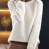 Elegantti Beige Pusero Korkeakauluksella Mukava Patchwork Villa Neule Syksy