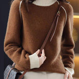Elegantti Beige Pusero Korkeakauluksella Mukava Patchwork Villa Neule Syksy