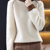Elegantti Beige Pusero Korkeakauluksella Mukava Patchwork Villa Neule Syksy