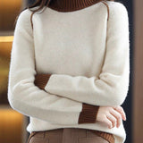 Elegantti Beige Pusero Korkeakauluksella Mukava Patchwork Villa Neule Syksy
