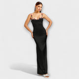Eira - Papuoštos satino suknelės su raišteliu nugaroje