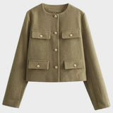 Damen Jacke Kurz Rundhals mit Knopfleiste und Taschen