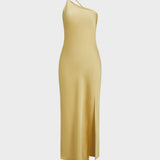 Damen One Shoulder Kleid lang mit Beinschlitz und schmalem Träger