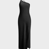 Damen One Shoulder Kleid lang mit Beinschlitz und schmalem Träger