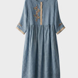 Damen Leinen Midikleid in Senfgelb mit Stickerei und 3/4-Ärmeln