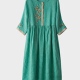 Damen Leinen Midikleid in Senfgelb mit Stickerei und 3/4-Ärmeln