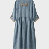 Damen Leinen Midikleid in Senfgelb mit Stickerei und 3/4-Ärmeln
