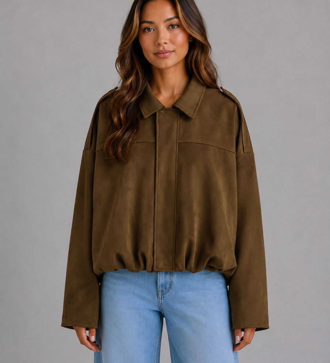Milla – mokkapintainen oversize bomber-takki kauluksella