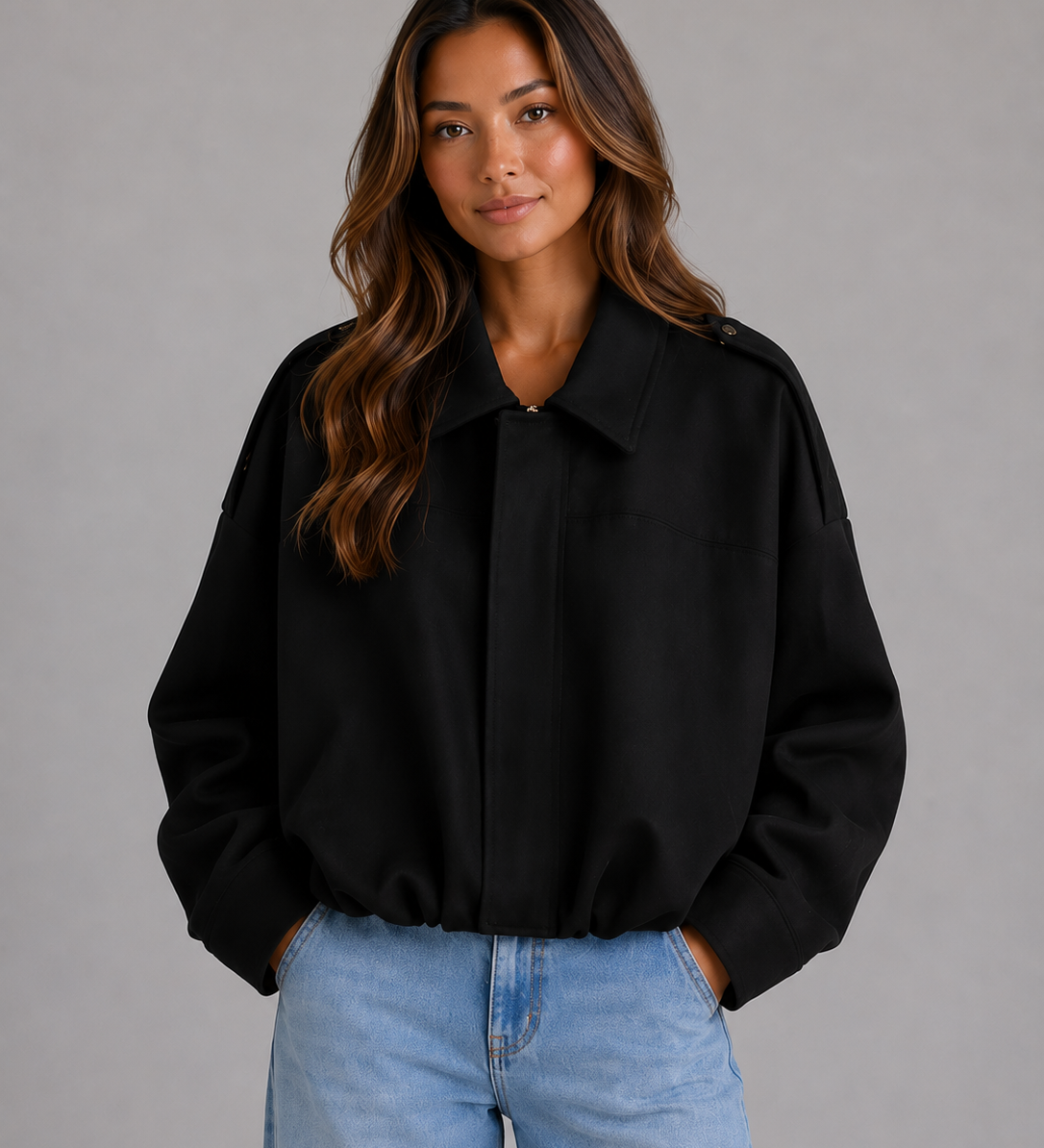 Milla – mokkapintainen oversize bomber-takki kauluksella
