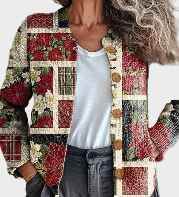 Frostine™ – Joulukuvioinen patchwork-neuletakki