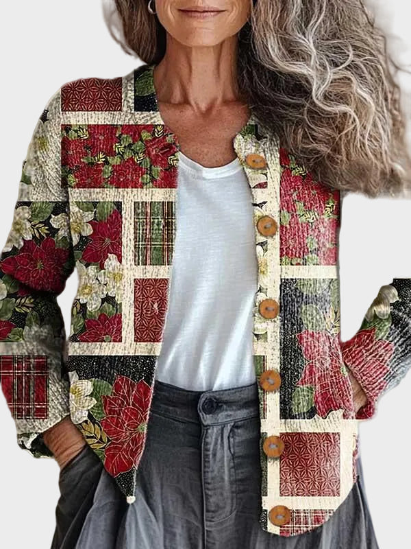 Frostine™ – Joulukuvioinen patchwork-neuletakki