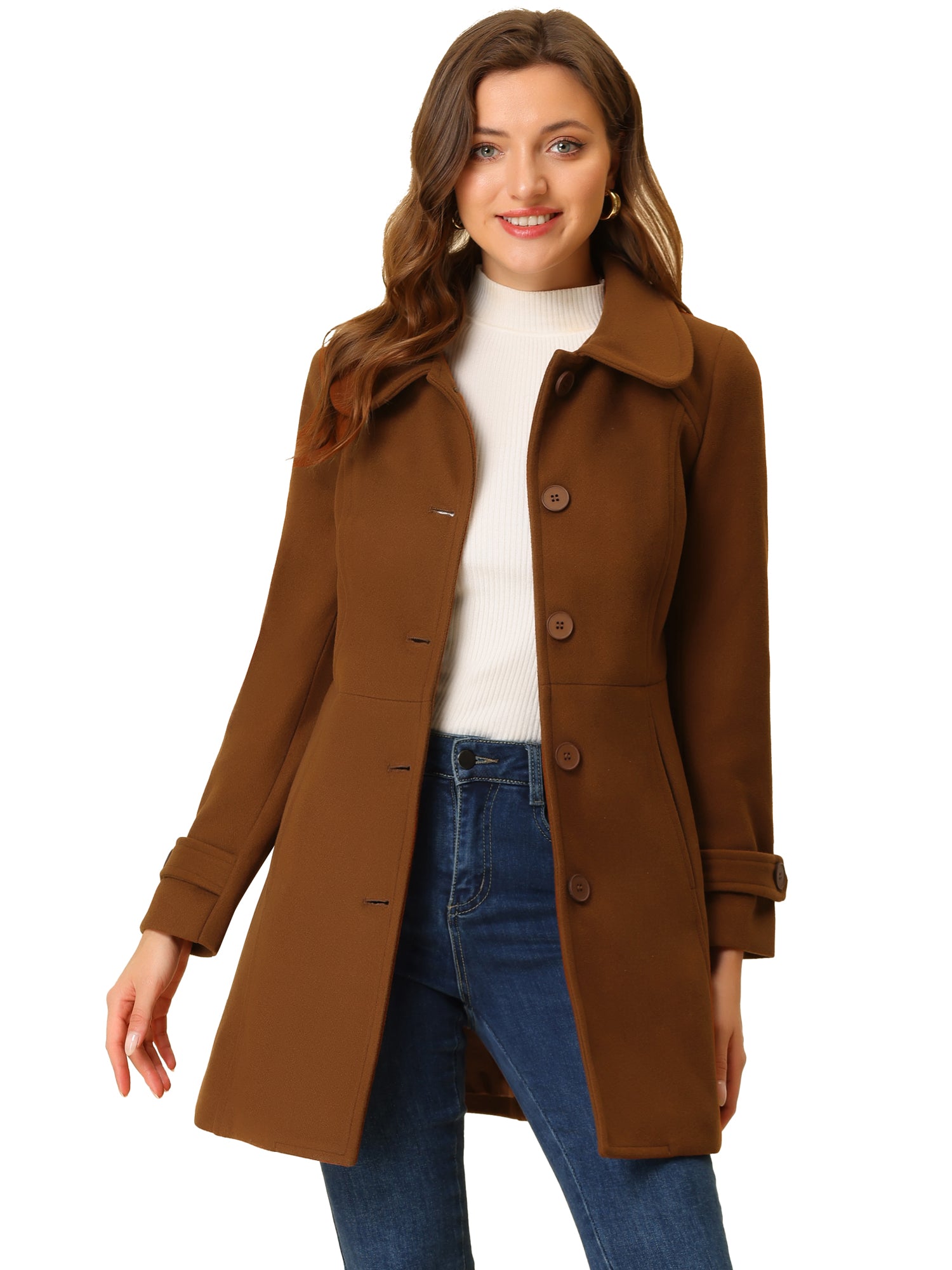 Pyöreäkauluksinen pitkä talvitakki napituksella
